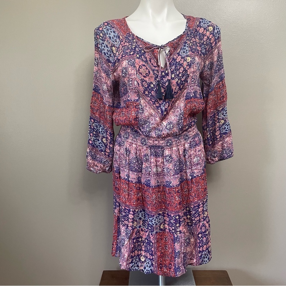 Lucky Brand women’s dress medium Live Love Multicolor Print Peasant Sheer Lined